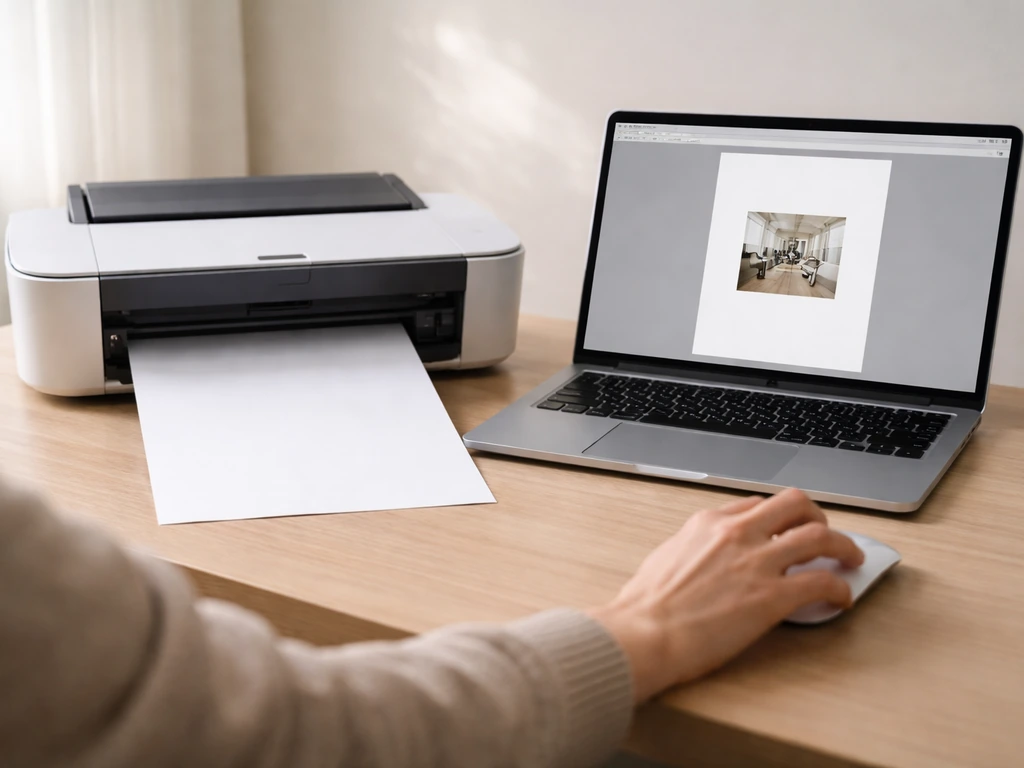 Bureau avec imprimante, feuille test aux contours nets et écran montrant un aperçu d’impression haute résolution.