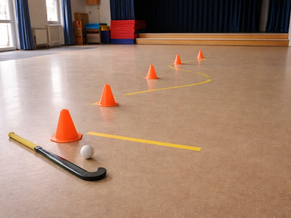 Mini-parcours de hockey sur gazon au sol avec cônes, zones de tir et balle pour une initiation enfants