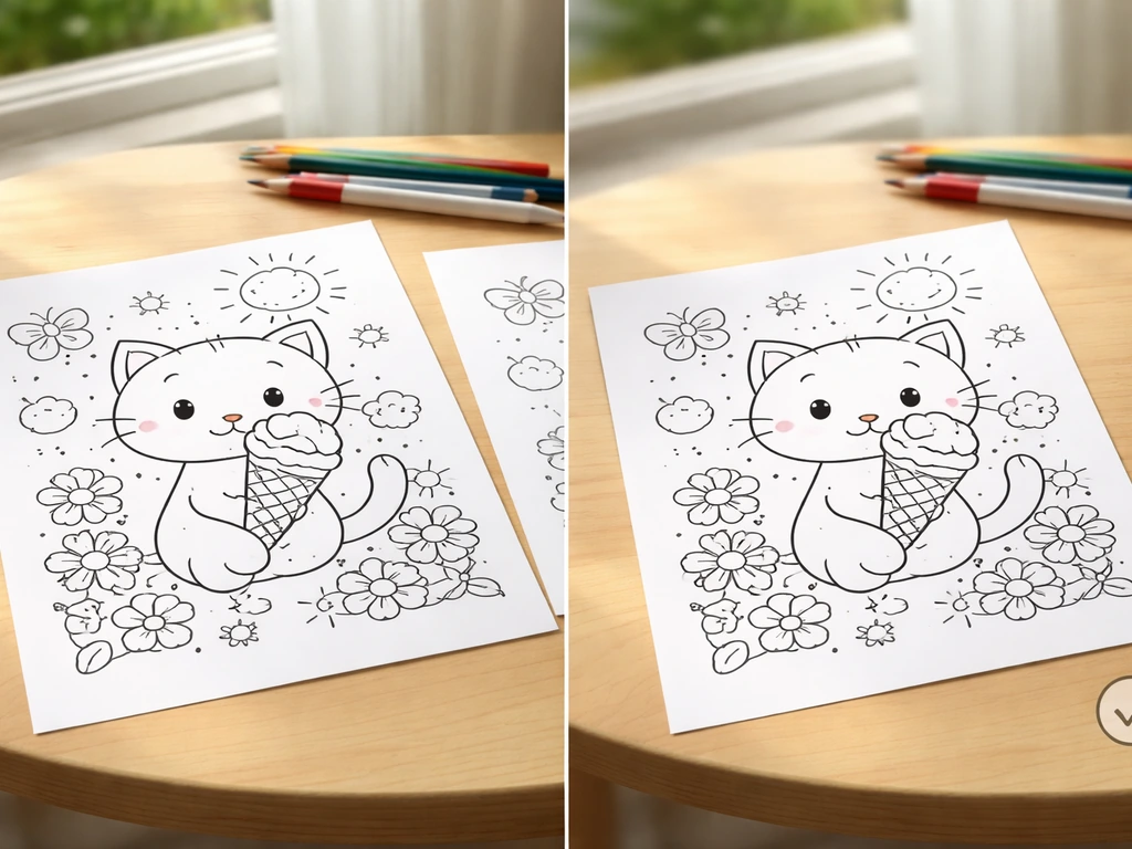 Gros plan sur deux coloriages, l’un net et l’autre flou, avec un symbole discret de droits d’utilisation.