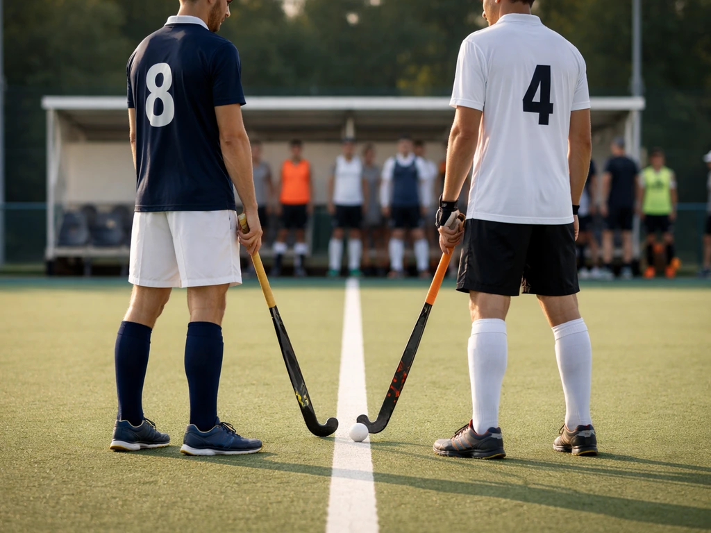 Deux joueurs anonymes de dos face à face sur un terrain de hockey sur gazon, ambiance de tirage au sort.