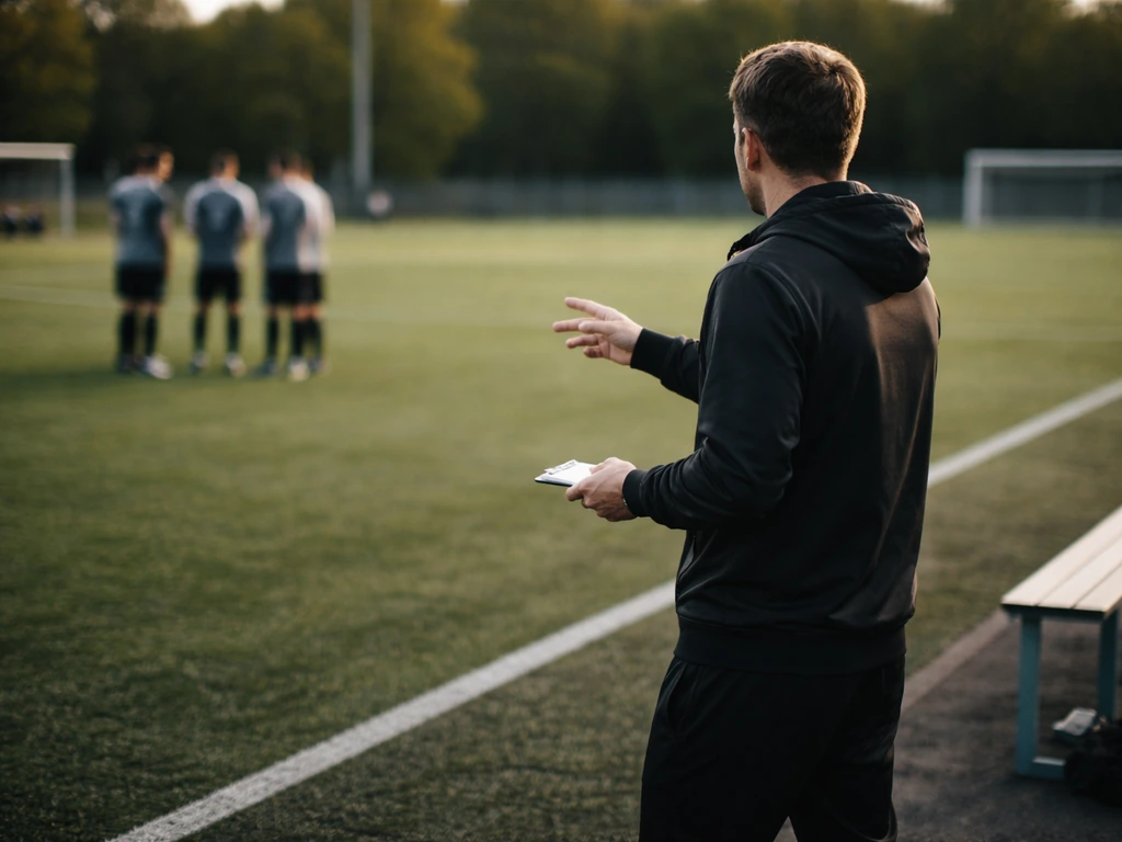 Entraîneur de football près de la surface technique, joueurs au fond, discussion tactique en prolongation.