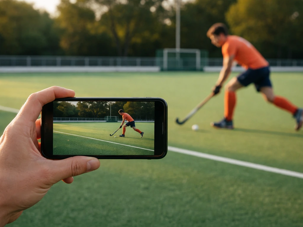 Match de hockey sur gazon filmé au smartphone, terrain en arrière-plan, ambiance de diffusion en direct