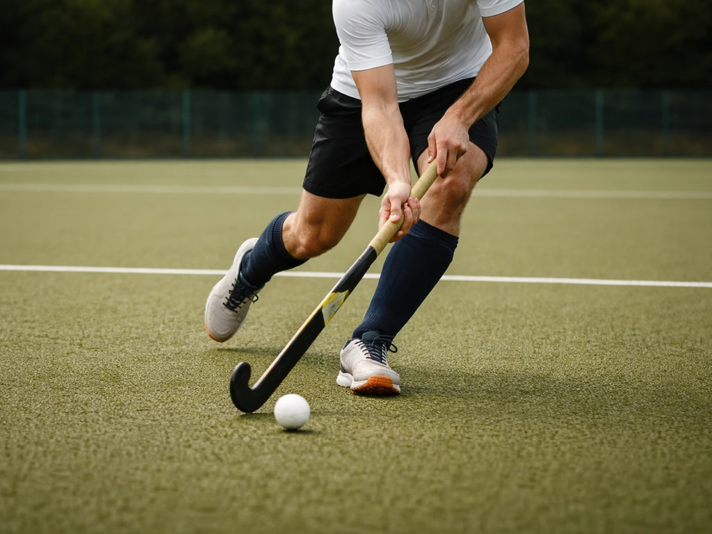 Action de hockey sur gazon sur un terrain, crosse et ballon visibles, ambiance de match en France.