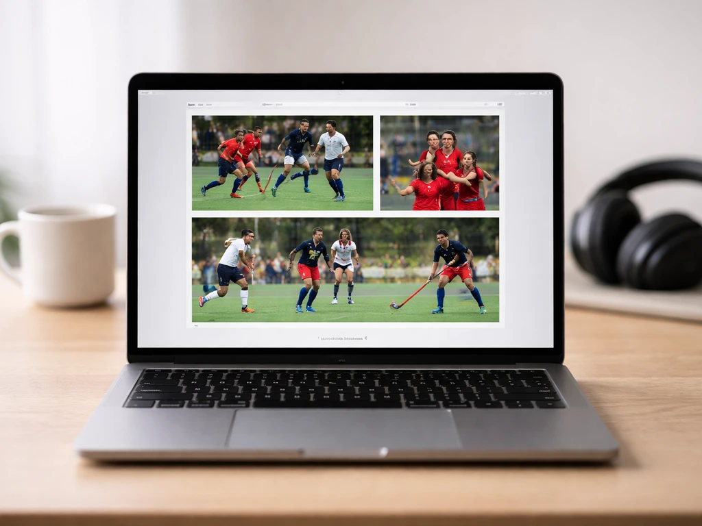 Photo réaliste d’un écran d’ordinateur montrant une page d’actualités FF Hockey avec photos et crédits photo.