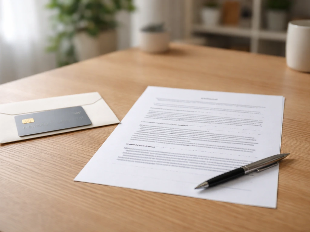 Page de licence de banque payante sur une table, ambiance bureau, sans personne ni texte lisible.