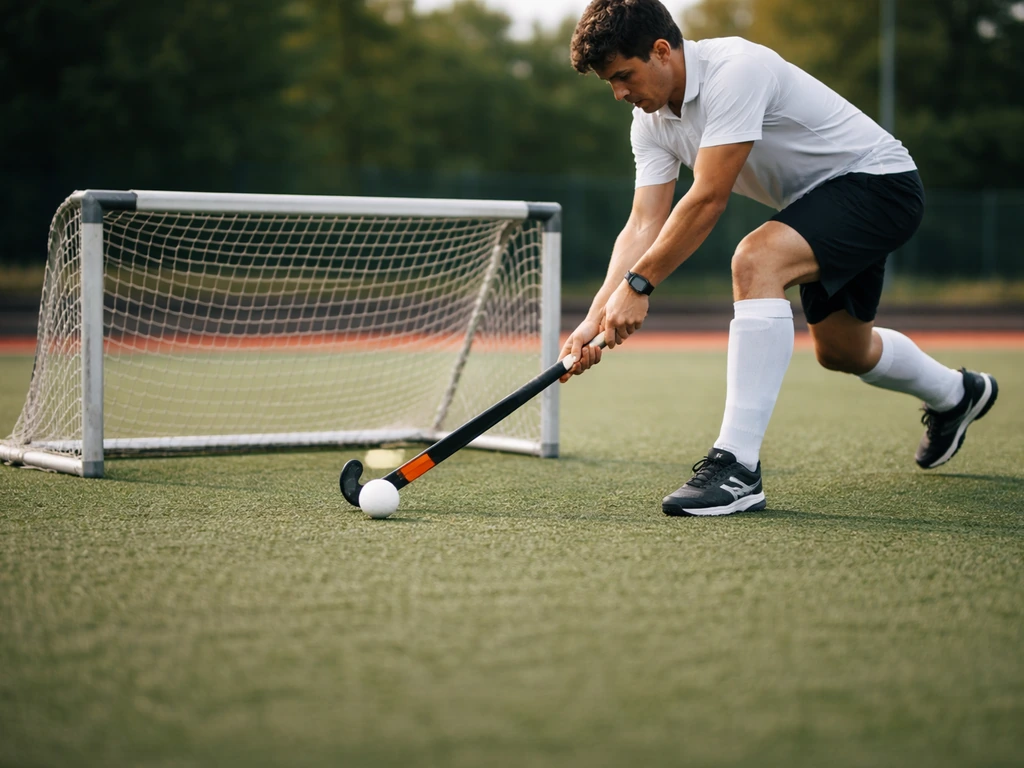 Joueur de hockey sur gazon cadrant un tir vers un filet, photo sportive minimaliste prise sur place.