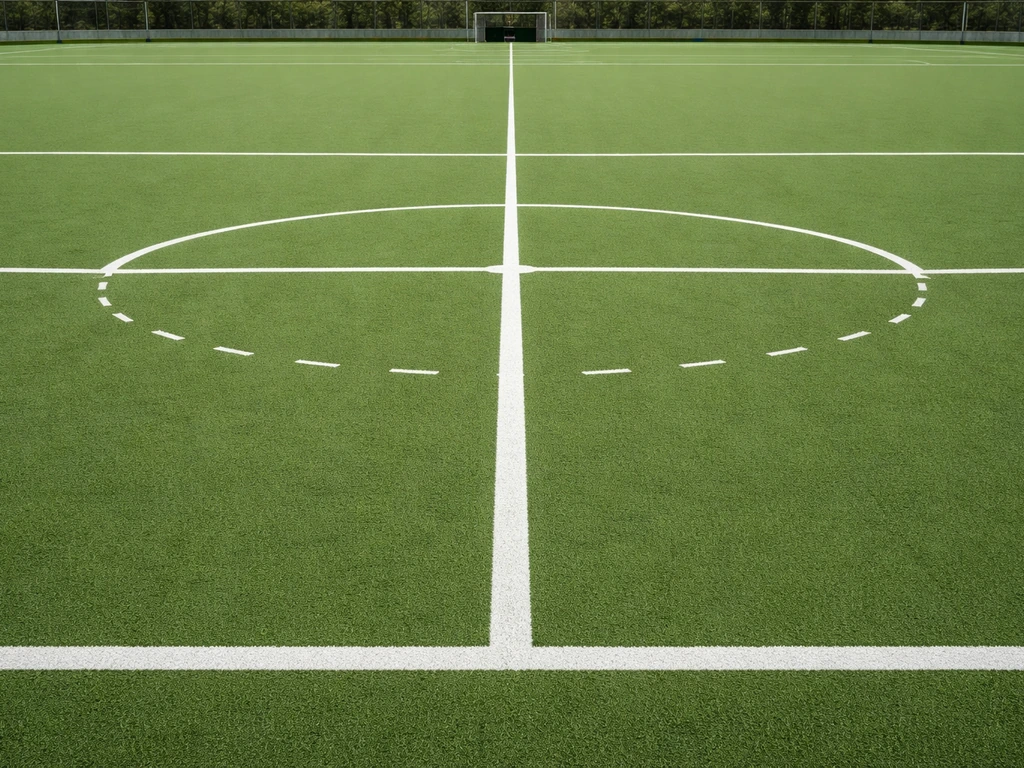 Vue réaliste d’un terrain de hockey sur gazon avec lignes clés, vue au sol minimaliste.