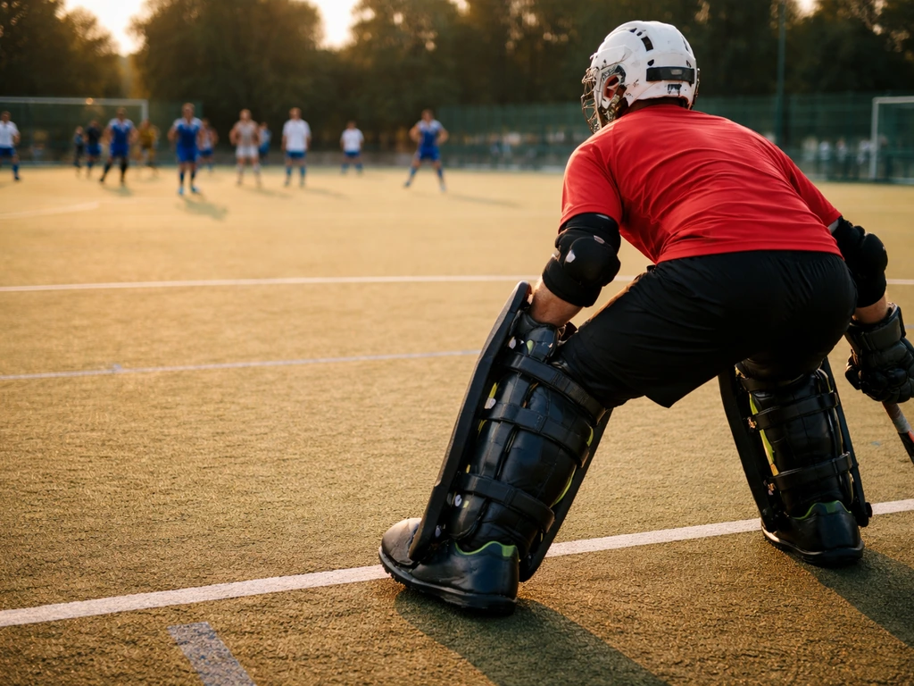 Gardien de but de handball au premier plan, casque, jambières et protège-pieds visibles, équipe en match.