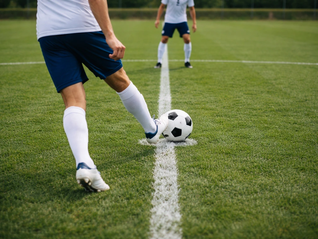 Match de football : balle posée sur la ligne médiane, engagement et passe vers un coéquipier au centre du terrain.
