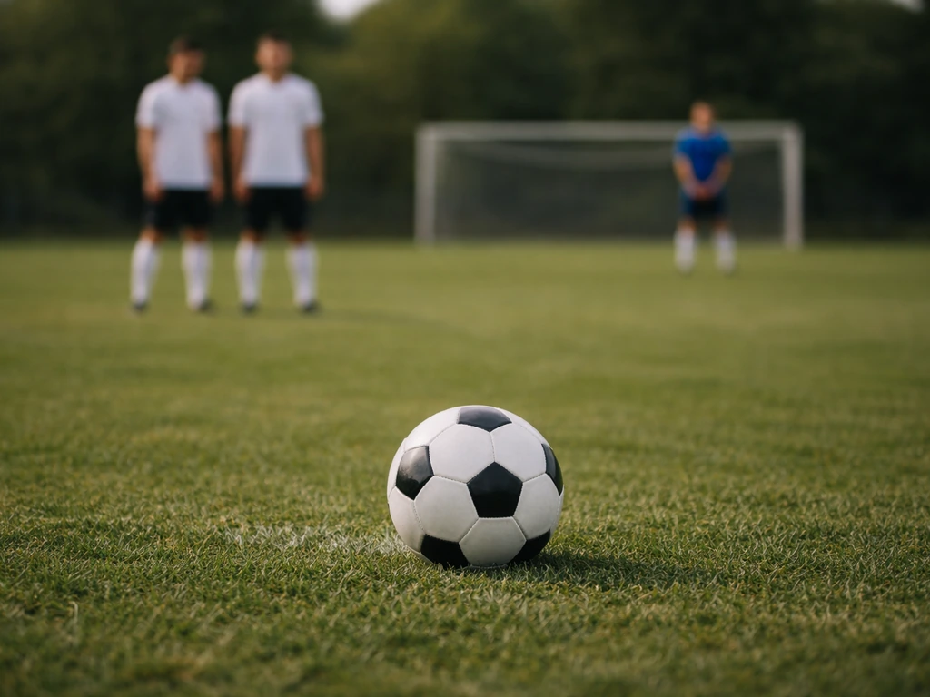 Balle de football posée sur l’herbe près d’une faute, joueurs en attente devant la surface