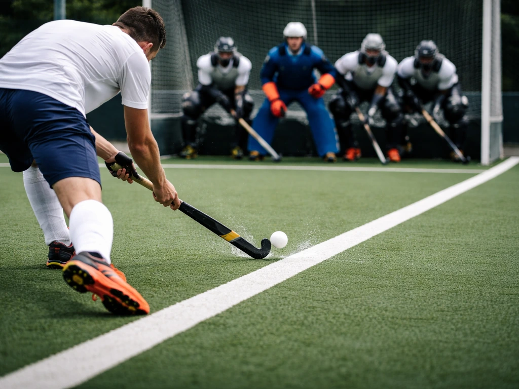 Attaquant anonyme frappe la balle en penalty corner, défenseurs anonymes en position sur un terrain de hockey.