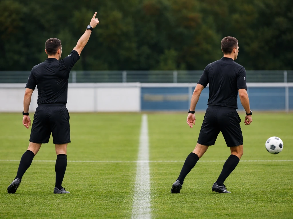 Deux arbitres de football en action sur un terrain, gestes et positionnement durant un match.