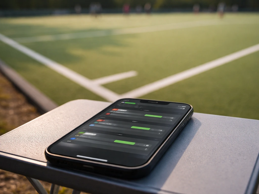 Tablette affichant un livescore abstrait près d’un terrain de hockey sur gazon, joueurs lointains flous.