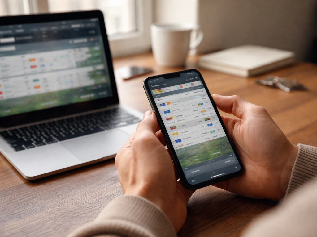 Smartphone sur une table, écran flou évoquant des filtres sport pour choisir pays, compétition et équipe.