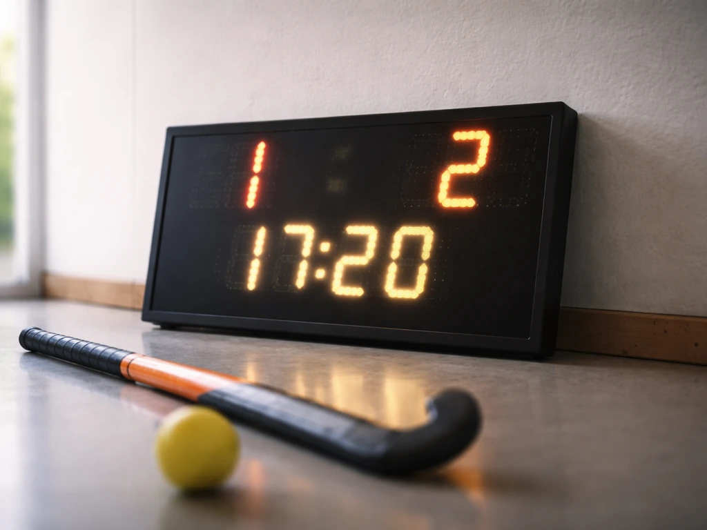 Panneau de score et horloge près d’un bâton de hockey sur gazon, ambiance live puis mi-temps.