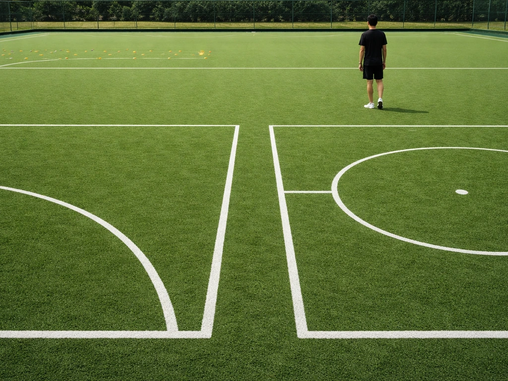 Trois vues minimalistes sur gazon : lignes officielles, zones tactiques simples, et repères d’entraînement au sol.