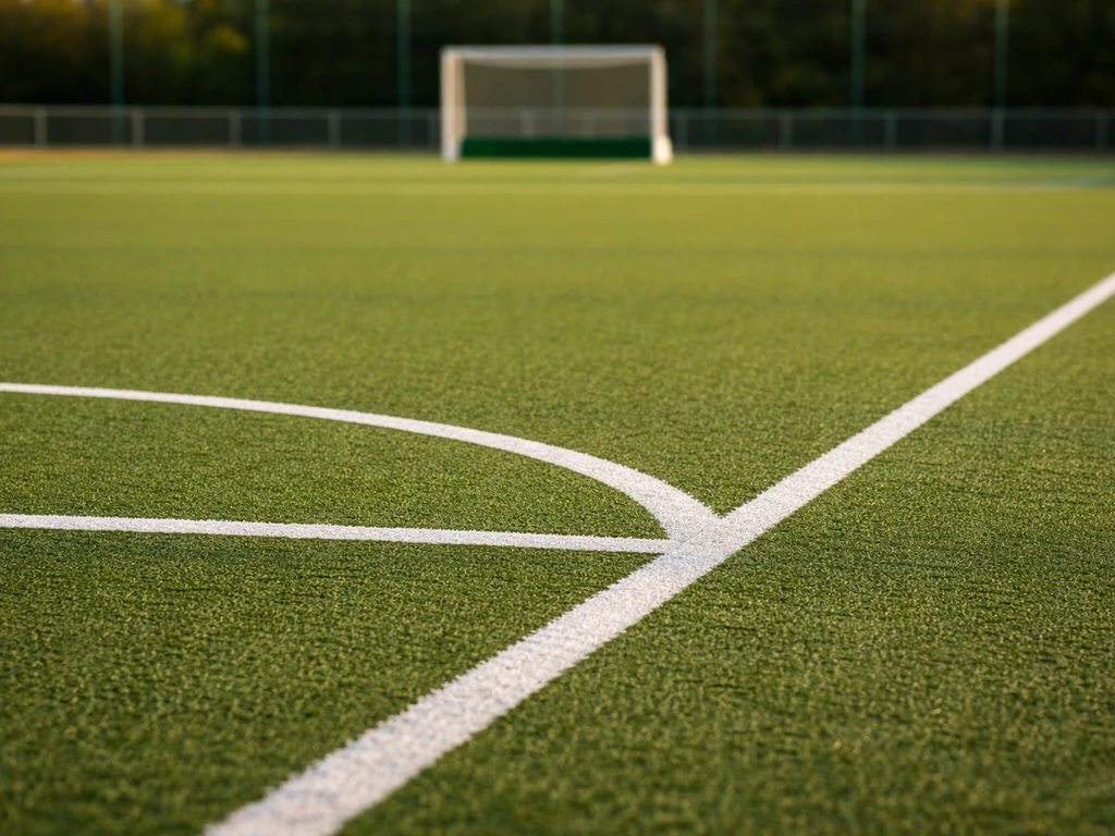 Vue rapprochée d’un terrain de hockey sur gazon avec lignes et bandes, ambiance extérieure naturelle