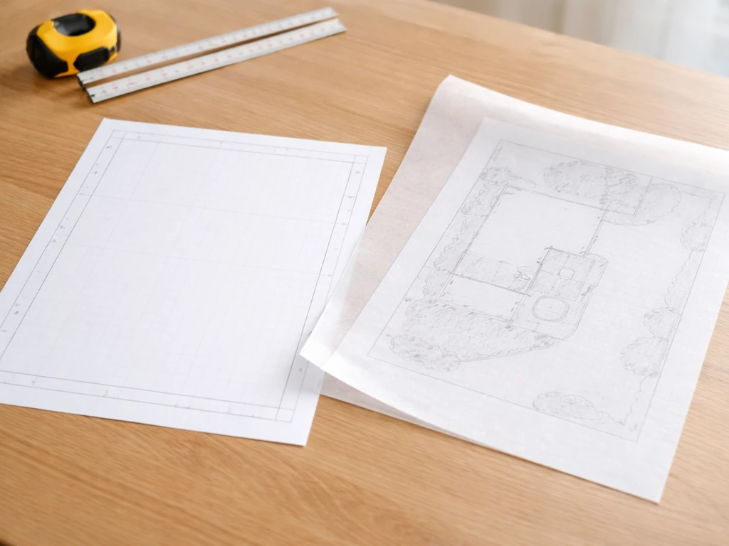 Feuille A4 avec gabarit de plan de terrain et calque transparent, éclairage naturel sur table de travail.