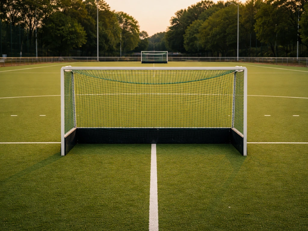 Terrain de hockey sur gazon avec but et marquage, ambiance de compétition sous lumière naturelle