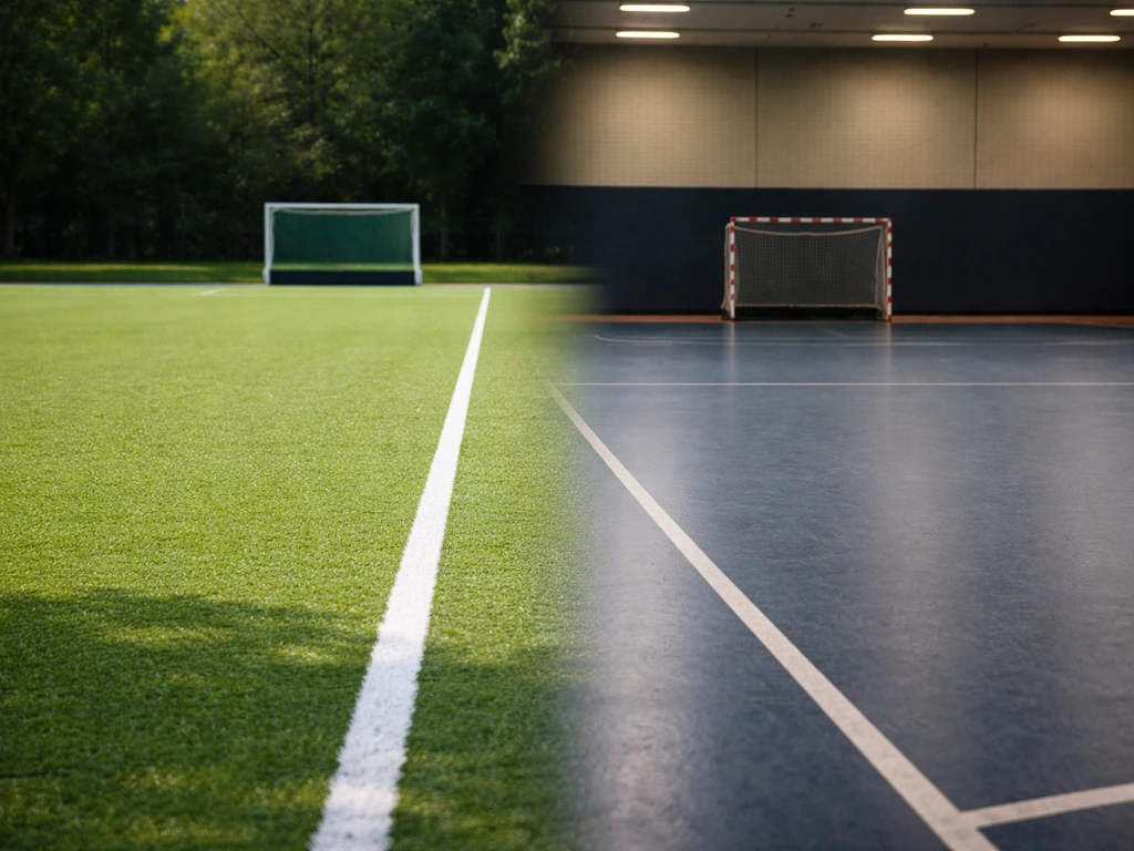 Terrain de hockey sur gazon et salle de hockey côte à côte, ambiance sportive sans personne ni texte.