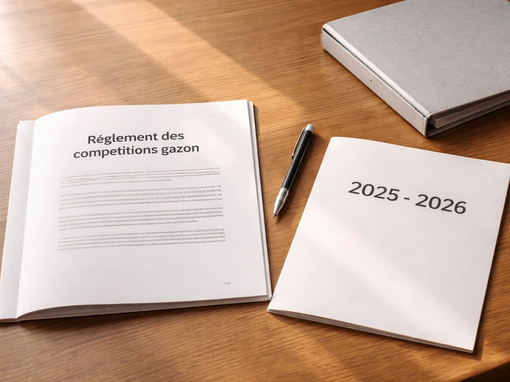 Documents de règlement et repères de saison sur une table en bois, lumière naturelle, ambiance de consultation.