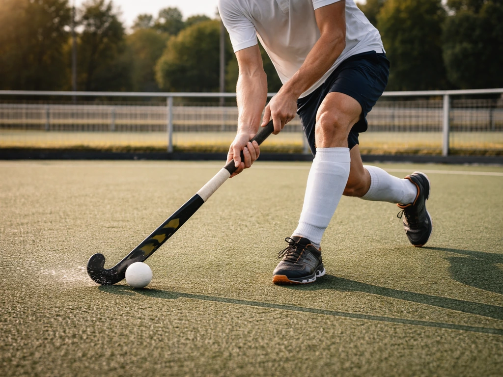 Joueur de hockey sur gazon en action sur gazon synthétique à l’hippodrome d’Auteuil, ambiance de match.