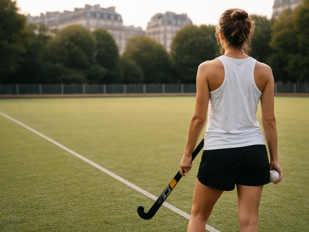 Vue de Paris avec un terrain de sport en herbe et une main tenant une balle, évoquant le hockey sur gazon.