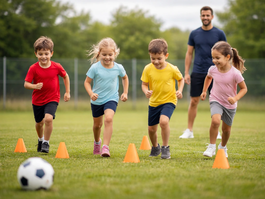 Enfants de 6–8 ans qui s’échauffent sur un terrain, plots au sol, ambiance d’entraînement calme.