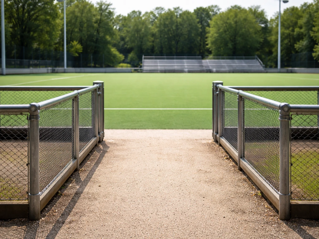 Entrée discrète menant au terrain de hockey à l’hippodrome, vue de près et repérable pour les spectateurs.