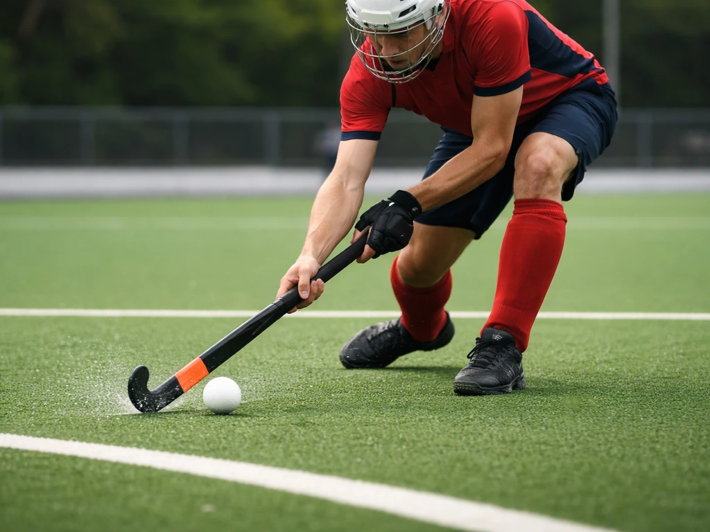 Action de hockey sur gazon : duel près du cercle de tir sur gazon synthétique, ballonnet en mouvement
