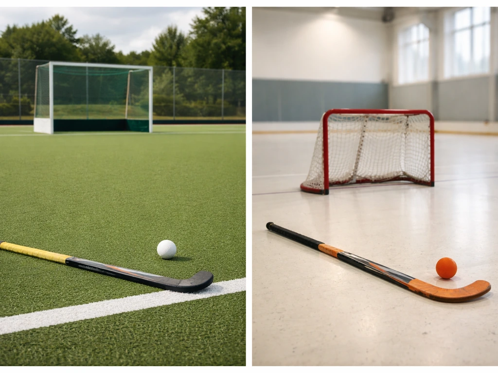 Terrain de hockey extérieur herbe synthétique à gauche et hockey en salle avec but compact à droite, sans joueurs.