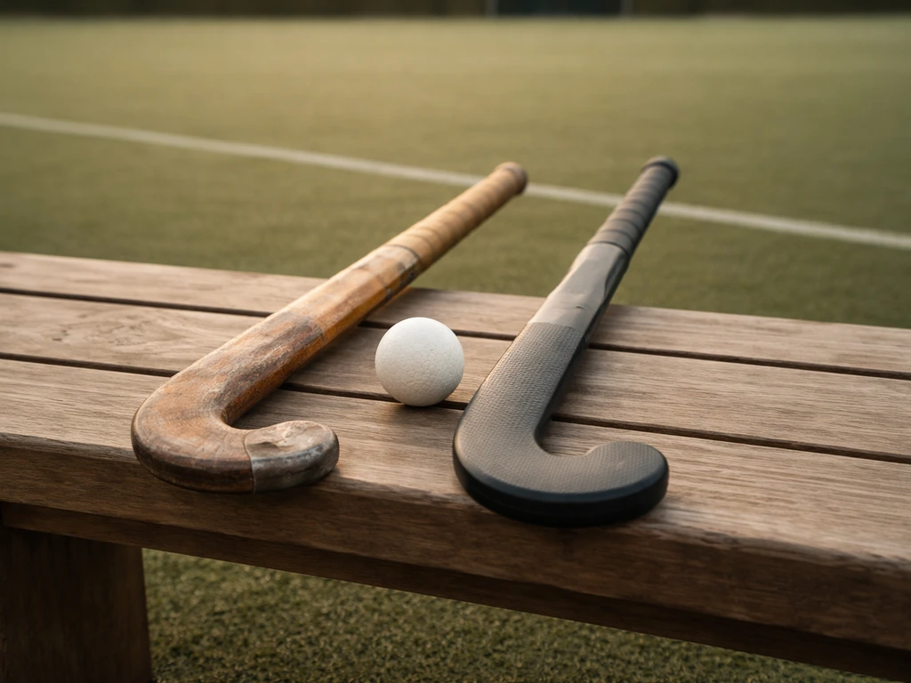 Comparaison entre un ancien et un moderne bâton de hockey sur gazon sur un banc, terrain flou en arrière-plan.