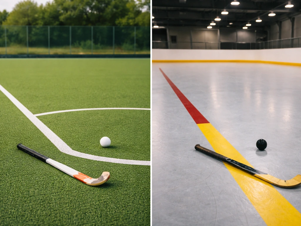 Deux terrains de hockey distincts : gazon synthétique extérieur avec cercle, et sol de rink pour roller/hockey.