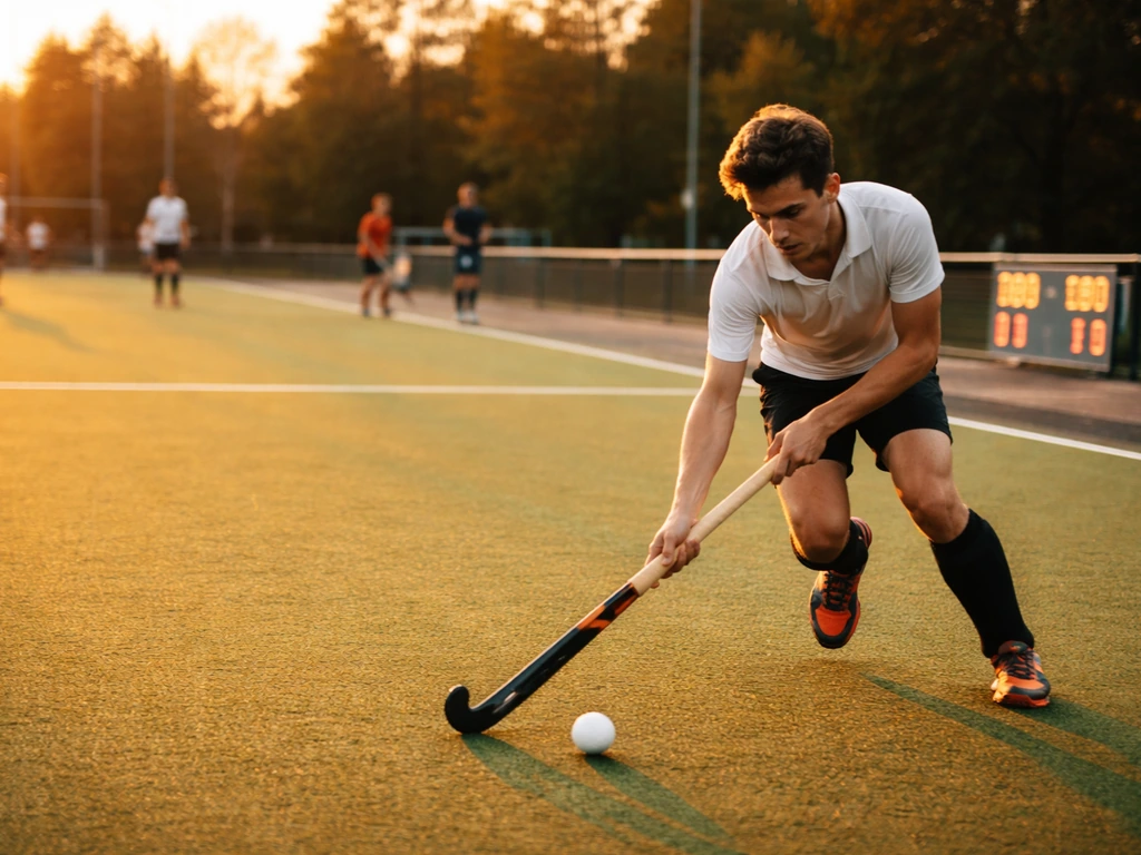 Joueur de hockey sur gazon sur terrain synthétique, écran de score flou en arrière-plan, match en cours.