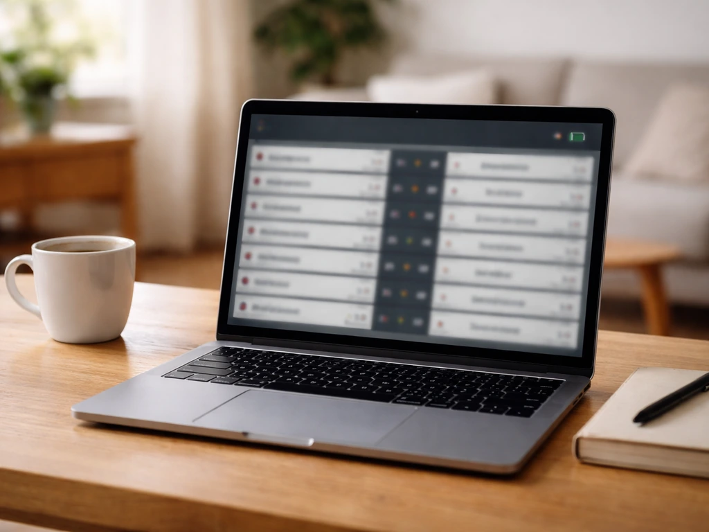 Ordinateur portable sur un bureau affichant un livescore abstrait de matchs de hockey sur gazon, en lumière naturelle.