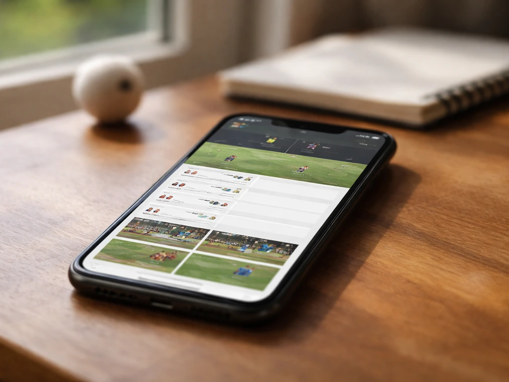 Écran de smartphone affichant un match de hockey sur gazon avec des buteurs et temps forts en temps réel.