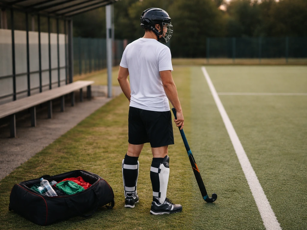 Un joueur de hockey sur gazon avec son équipement, sur le terrain près du banc du club.