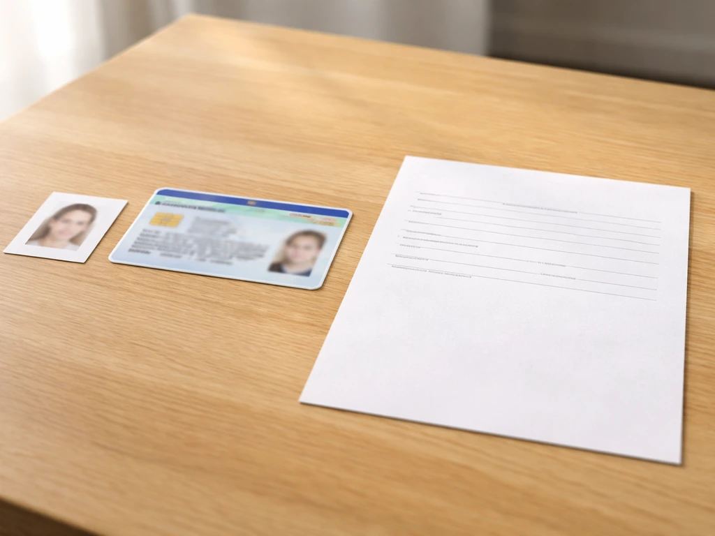 Sur une table, photo d’identité, carte d’identité et certificat médical posés à plat, ambiance administrative simple.