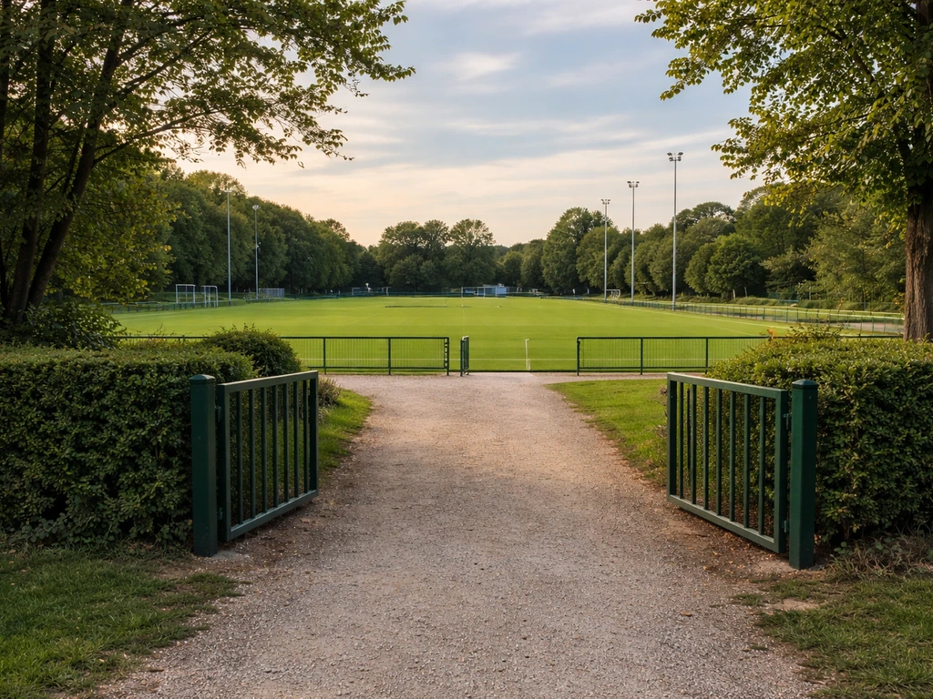 Vue extérieure de l’entrée de La Boulie à Versailles, avec terrain de hockey sur gazon et pelouse.