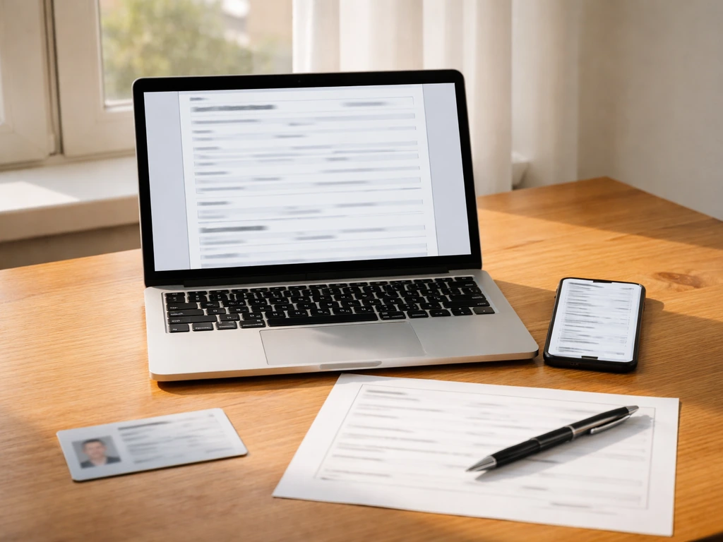 Table avec smartphone et documents administratifs, formulaire de licence générique sur écran.