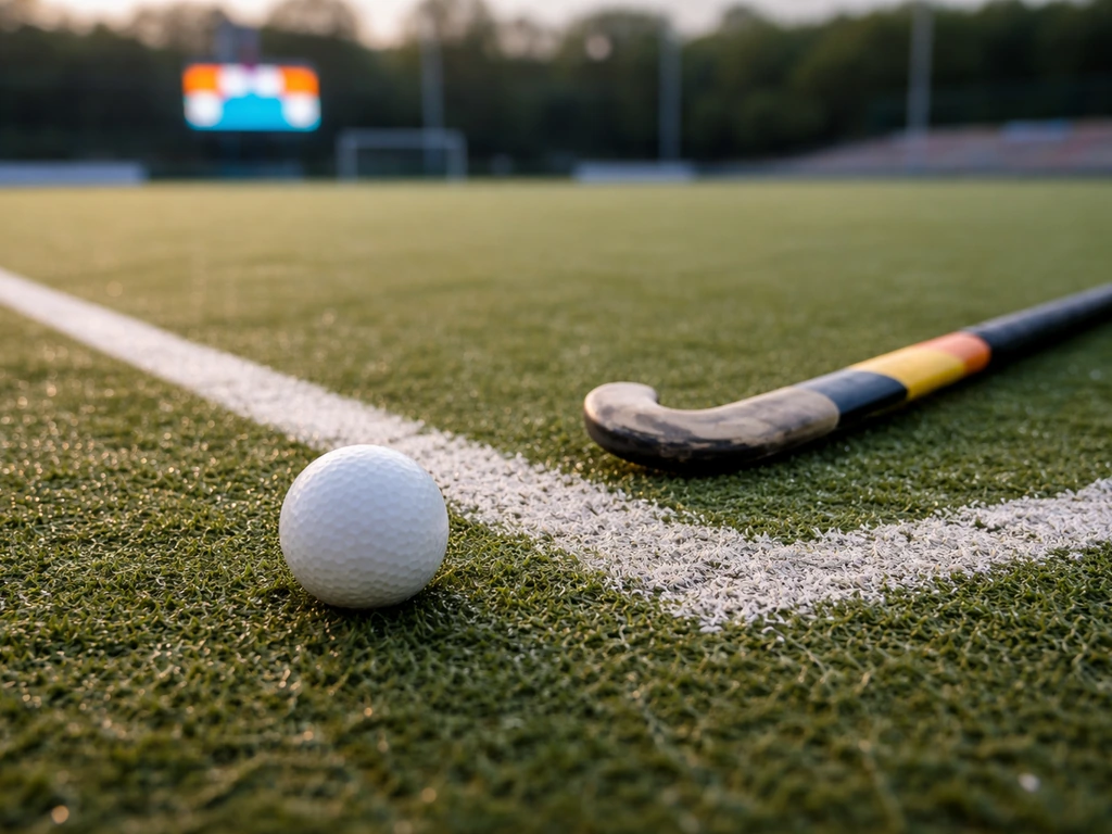 Terrain de hockey sur gazon avec une balle, et en arrière-plan flou un tableau de score de stade.