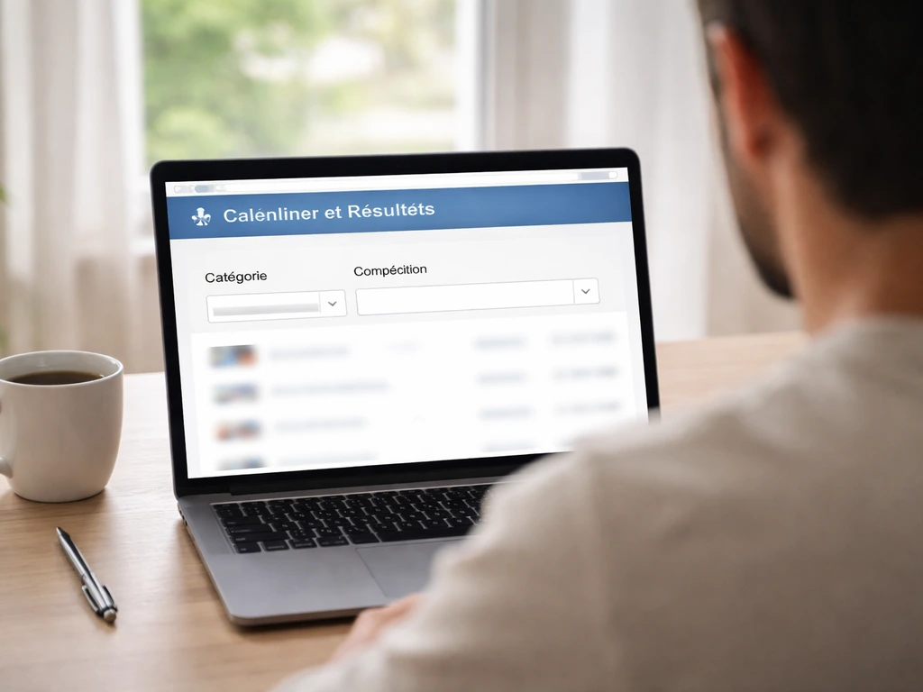 Personne anonyme consultant un écran avec filtres de catégorie et compétition pour trouver un score rapidement.