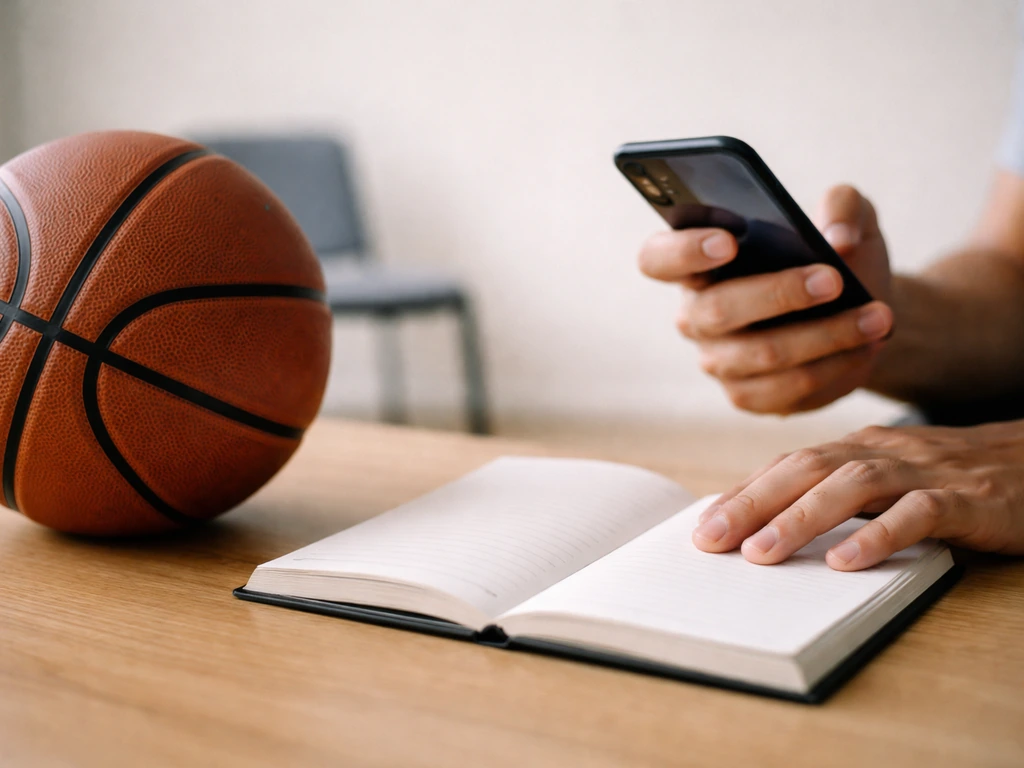 Vue rapprochée d’un carnet et d’un smartphone montrant une liste de matchs, avec un ballon au premier plan.