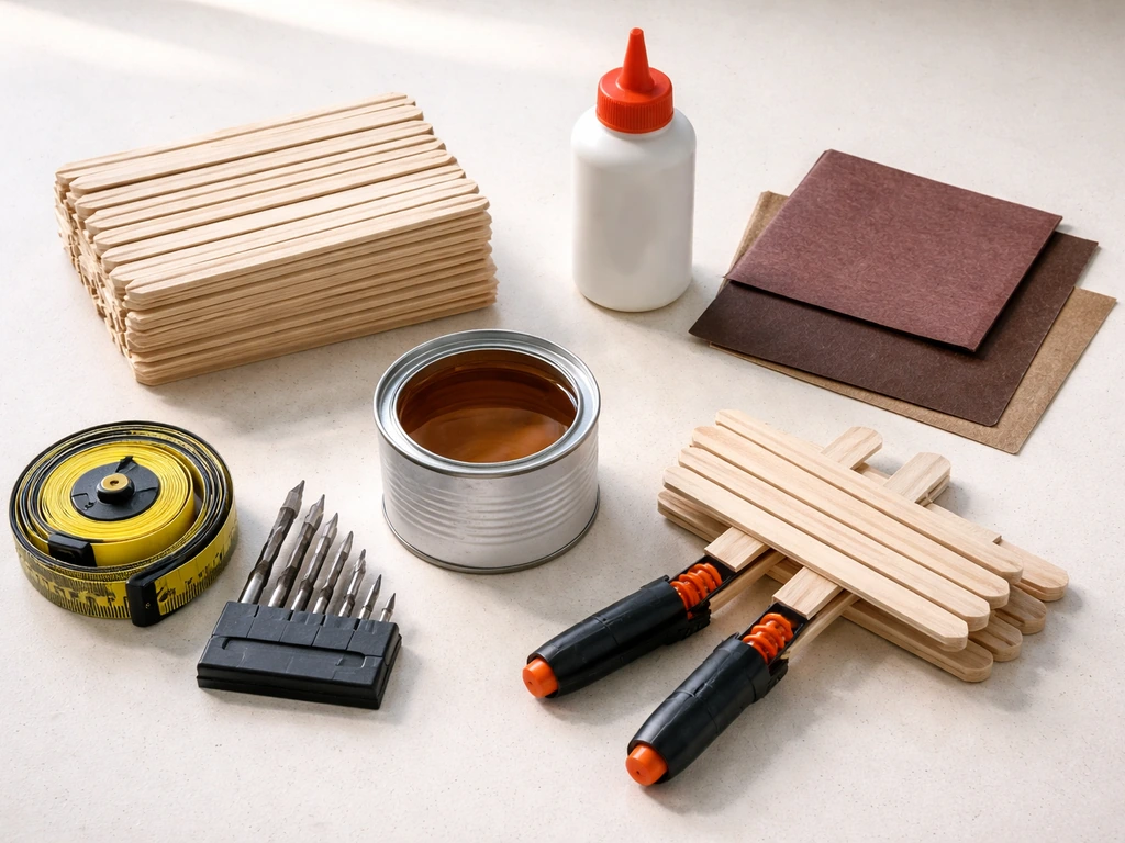 Supplies laid out for an ice-cream-stick birdhouse build: craft sticks, glue, sandpaper, tools, clamps.