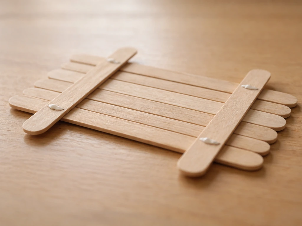 Ice cream sticks laid side-by-side with two cross-bracing sticks glued underneath, close-up assembly scene.