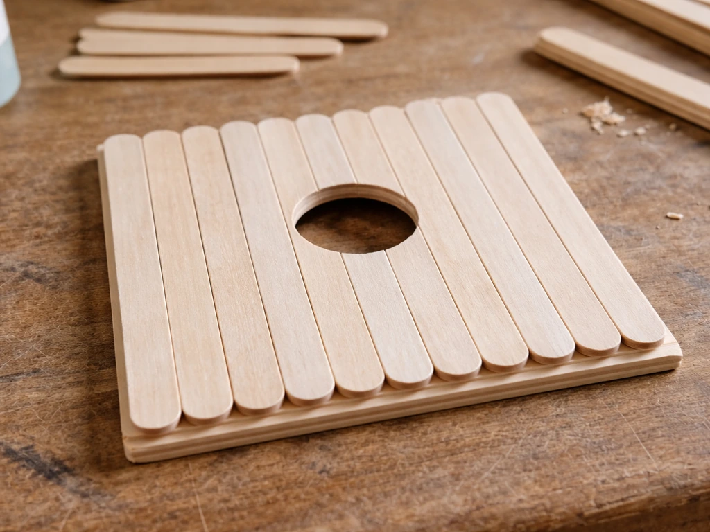 Close-up of a flat birdhouse front panel made from ice cream sticks with a circular entrance cutout.