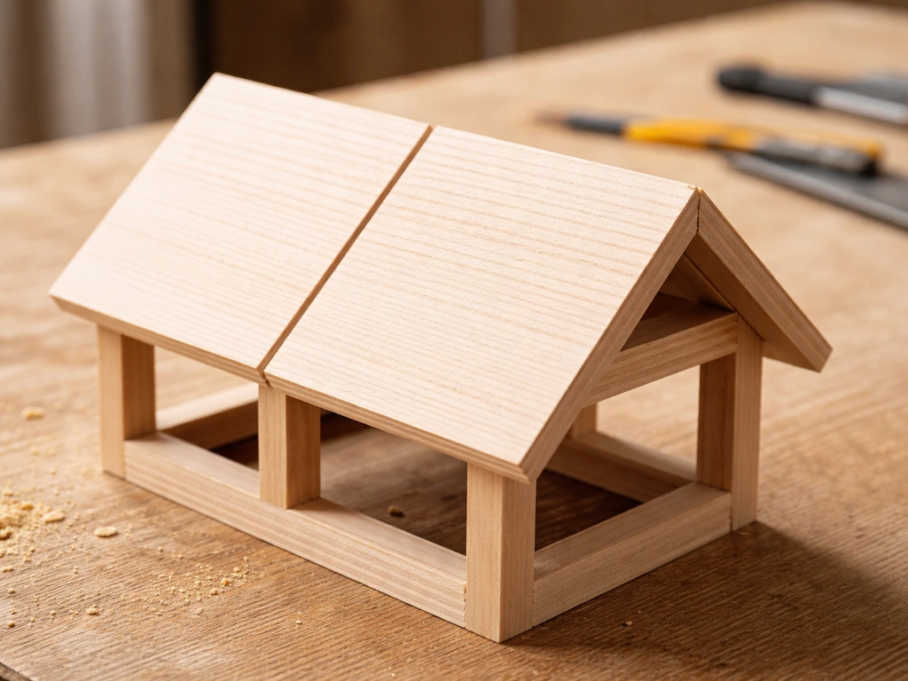 Two rectangular pitched roof panels with 30–45° cut edges being attached over a small wooden structure