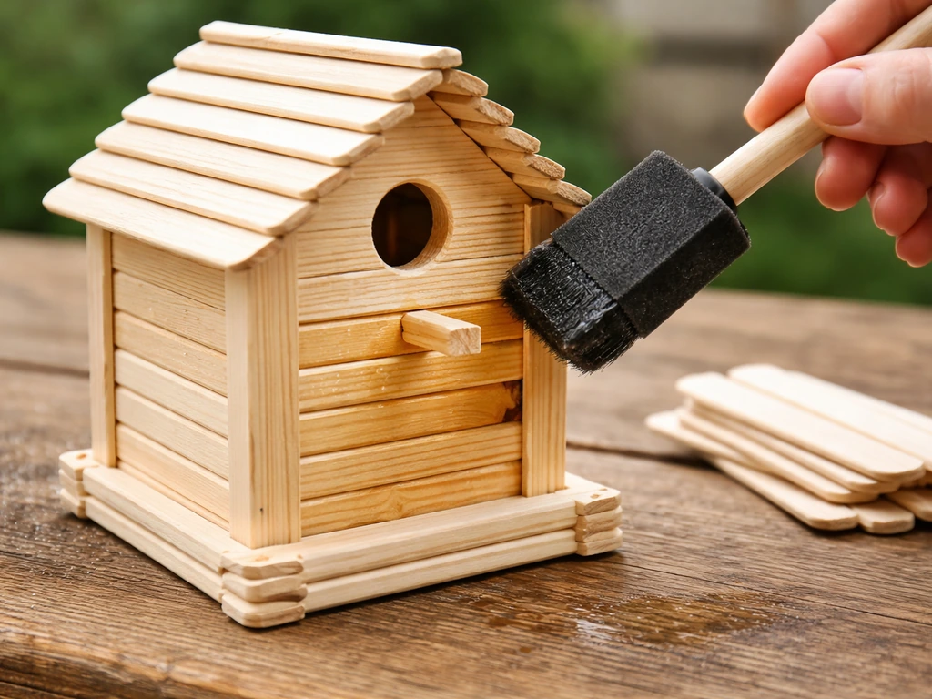 Foam brush applying clear protective finish to an ice-cream-stick birdhouse on a workbench.