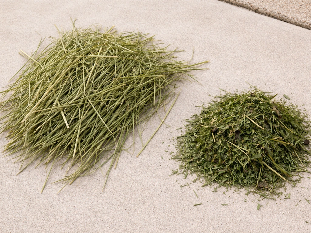Dry long-stem timothy hay laid out next to visibly different avoidable lawn clippings on a neutral surface.