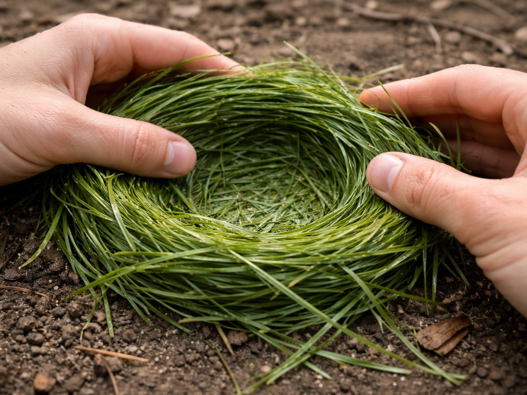 Hands shaping damp grass into a cupped bowl nest with the inner cup formed